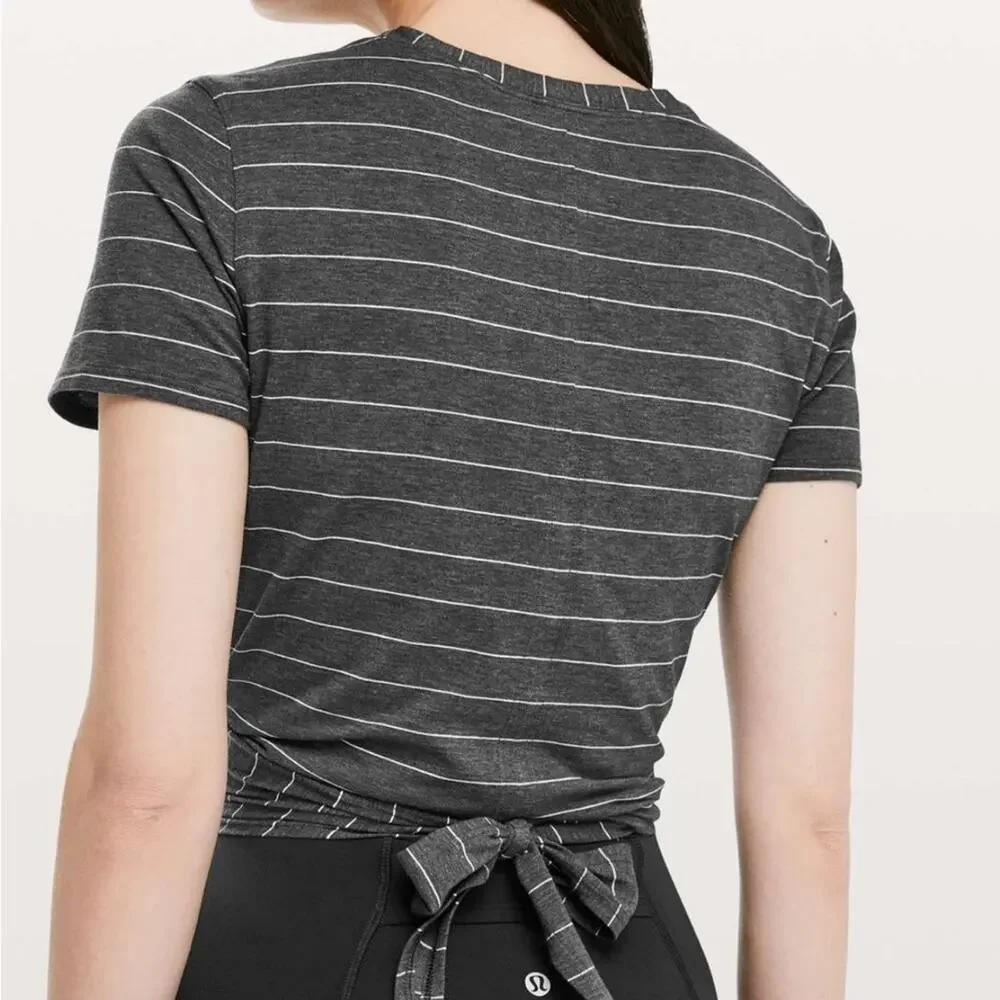 Lululemon Time To Restore Short Sleeve Stripe Heathered Gray Tee Sz 2